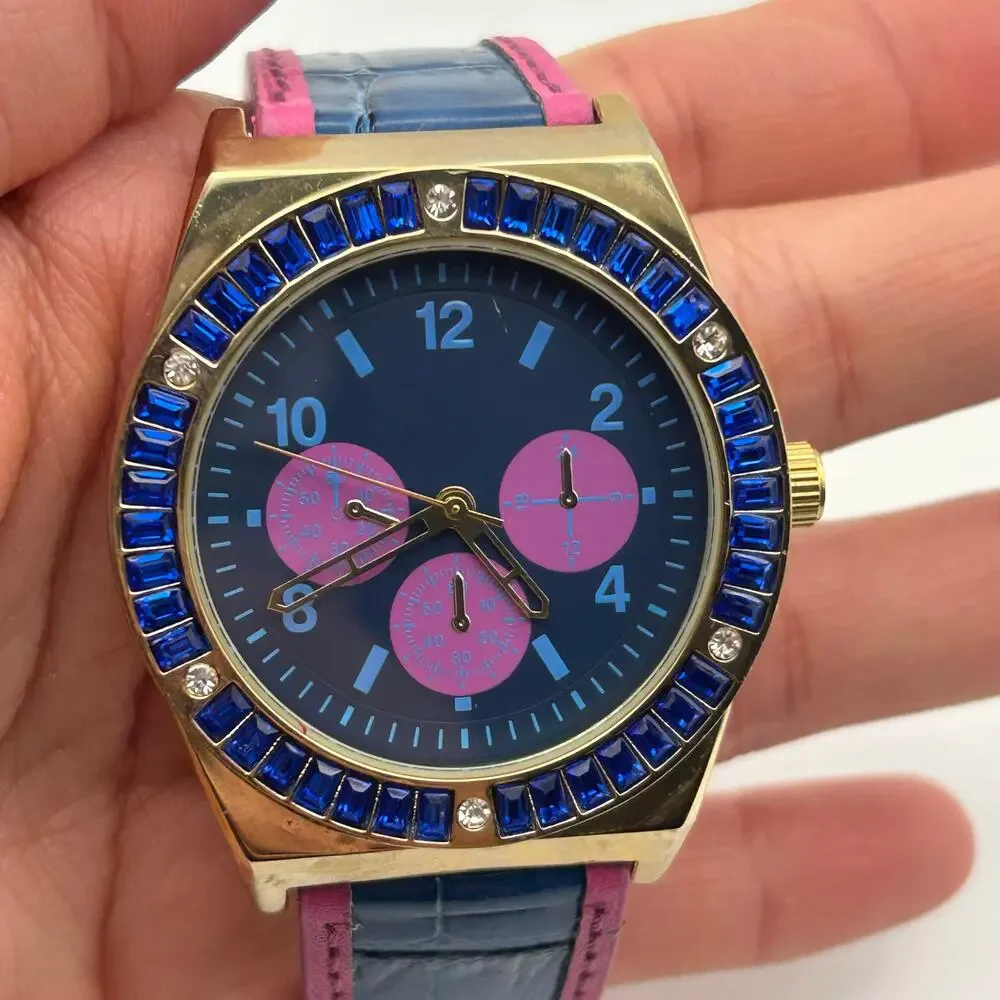 Adrienne Gold Blue Crystal Bezel Pink Blue Leather Working New Battery - Picture 5 of 8